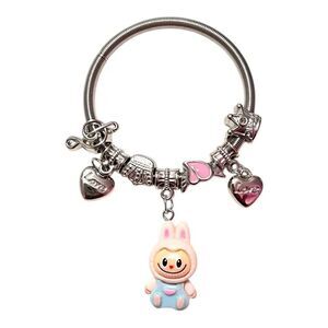🤯5/$25🤯 Stretchy Pink Labubu Love Heart Crown Note Silver Child’s Charm Bracelet